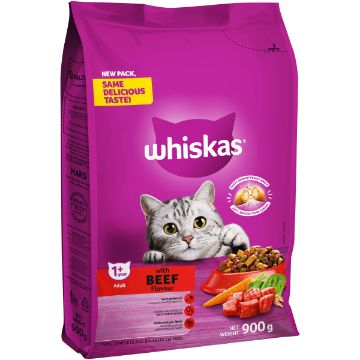 WHISKAS DRY ADULT CAT FOOD BEEF 900G